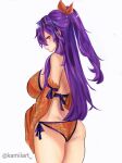  1girl artist_name ass bikini blush bow breasts closed_mouth detached_sleeves eden&#039;s_zero hair_bow half_updo highres homura_kogetsu instagram_logo instagram_username kamiiart large_breasts long_hair looking_at_viewer non-web_source orange_bikini purple_hair red_eyes swimsuit twitter_logo twitter_username very_long_hair 