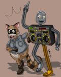  2024 anthro biped brown_body clothing dancing duo grey_body hi_res machine male mammal mariyah47075275 open_mouth procyonid raccoon rascal_(robot_dreams) robot robot_(robot_dreams) robot_dreams shirt simple_background slightly_chubby smile topwear 