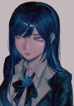  1girl 77_(leu3_x) ado_(utaite) black_bow black_bowtie black_coat blue_eyes blue_flower blue_hair blue_rose bow bowtie breasts chando_(ado) closed_mouth cloud_nine_inc coat collared_shirt dark_blue_hair flower flower_brooch grey_background highres long_hair medium_breasts mole mole_under_eye open_clothes open_coat rose shirt sidelocks solo upper_body utaite white_shirt 