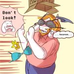 1:1 2023 anthro asgore_dreemurr beard bikini bikini_top blonde_hair boss_monster_(undertale) bovid caprine clothing deltarune embarrassed english_text facial_hair fur goat hair hi_res komm64 mammal swimwear text throwing_object toriel undertale_(series) white_body white_fur