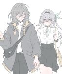  2girls :d bag black_coat black_hairband black_pants blue_eyes blush closed_eyes coat collared_shirt firefly_(honkai:_star_rail) grey_hair hair_between_eyes hair_ornament hairband highres holding_hands honkai:_star_rail honkai_(series) long_hair long_sleeves multiple_girls open_clothes open_coat pants shirt shoulder_bag skirt skirt_suit smile stell. stelle_(honkai:_star_rail) suit trailblazer_(honkai:_star_rail) white_shirt 