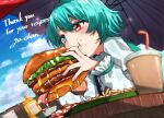 1girl :t blue_eyes blue_hair blush burger cheese closed_mouth commentary_request commission cup disposable_cup eating fast_food food food_focus french_fries ga-chan24 hair_between_eyes heterochromia lettuce long_sleeves meat medium_bangs mustard mustard_bottle red_eyes shirt short_hair skeb_commission solo tatara_kogasa touhou upper_body v-shaped_eyebrows white_shirt 