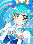  1girl absurdres blue_background blue_bow blue_dress blue_hair blue_ribbon bow brooch clothing_cutout cure_spicy delicious_party_precure dress earrings fuwa_kokone gloves green_eyes hair_bow heart heart_brooch highres jewelry kazusa_hiyori magical_girl multicolored_hair outline pink_hair precure puffy_short_sleeves puffy_sleeves ribbon rope short_sleeves side_ponytail simple_background solo steepled_fingers streaked_hair twitter_username white_gloves white_outline 