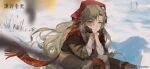  1girl blonde_hair braid brown_coat button_up_skirt coat gloves head_scarf highres long_hair looking_at_viewer print_scarf red_scarf reverse:1999 scarf shirt smile snow vila_(reverse:1999) white_shirt 