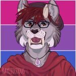  1:1 anthro artist_name big_fangs bisexual_pride_colors brown_eyes bust_portrait clothed clothing ear_piercing eyewear fangs felid front_view fur glasses glistening glistening_eyes grey_body grey_fur grey_inner_ear_fluff hair hoodie horn hybrid industrial_piercing inner_ear_fluff lgbt_pride looking_at_viewer male mammal multiple_piercings open_mouth piercing portrait pride_colors rayliicious red_clothing red_hair red_hoodie red_topwear solo species_request teeth tongue tongue_piercing tongue_stud topwear tuft white_horn 