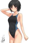  1girl absurdres amagami arm_at_side arm_behind_head bare_arms bare_shoulders black_hair black_one-piece_swimsuit blue_one-piece_swimsuit blush breasts brown_eyes collarbone commentary competition_swimsuit covered_navel dated groin hair_between_eyes highleg highleg_swimsuit highres legs_together looking_at_viewer medium_breasts nanasaki_ai one-piece_swimsuit parted_lips shadow short_hair signature simple_background solo standing swimsuit teeth two-tone_swimsuit white_background yoo_tenchi 