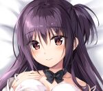  1girl asagiri_nozomi bare_shoulders bed_sheet black_bow black_bowtie blush bow bowtie bra brown_eyes closed_mouth collarbone cropped eyes_visible_through_hair hair_between_eyes hand_on_own_chest hand_up long_hair looking_at_viewer lying on_back one_side_up oryo_(oryo04) pretty_x_cation purple_hair smile solo underwear white_bra 
