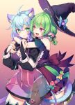  2girls @_@ ahoge animal_ear_fluff animal_ear_legwear animal_ears back_bow black_bridal_gauntlets black_dress black_hat black_nails black_thighhighs blue_bow blue_eyes blue_hair bow breasts bridal_gauntlets candy cat_ear_legwear cat_ears cat_girl cat_tail chest_strap cleavage closed_mouth colored_tips dress food green_hair hair_ornament hat hat_bow heart heart_ahoge hexa_(vtuber) highres hug hug_from_behind indie_virtual_youtuber leotard lollipop multicolored_hair multiple_girls open_mouth orange_hair pink_hair pixcatos purple_eyes purple_hair second-party_source see-through see-through_skirt single_leg_pantyhose single_thighhigh skirt streaked_hair swirl_lollipop tail thighhighs tomobe_kinuko virtual_youtuber witch_hat wrapped_candy 