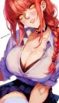  1girl black_bra black_choker bra braid breasts chainsaw_man choker cleavage ear_piercing earrings highres jewelry lip_piercing looking_at_viewer makima_(chainsaw_man) piercing red_hair shirt simple_background skirt solo underwear vcais white_background white_shirt yellow_eyes 