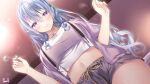 1girl blue_hair blush braid breasts ceiling closed_mouth commission drop.b grey_shorts hair_between_eyes hair_ornament highres indoors iris_lucen jacket large_breasts light_up long_hair looking_at_viewer midriff mimikaki navel pixiv_commission purple_eyes purple_jacket shirt short_shorts shorts signature smile solo very_long_hair virtual_youtuber white_shirt 