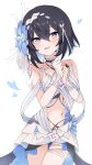  1girl absurdres awe_(adorableduckyy) bare_shoulders black_hair blue_eyes blue_flower blue_hair blush breasts collarbone dress flower hair_flower hair_ornament hands_up heart highres honkai_(series) honkai_impact_3rd looking_at_viewer multicolored_hair navel own_hands_together seele_vollerei seele_vollerei_(herrscher_of_rebirth) short_hair simple_background skindentation small_breasts smile solo standing two-tone_hair white_background white_dress 
