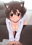  1girl absurdres ahoge animal_ears bent_over blush brave_witches breasts brown_eyes brown_hair cleavage closed_mouth hair_ornament hairclip harurukan highres indoors karibuchi_hikari large_breasts looking_at_viewer shirt short_hair smile solo squirrel_ears squirrel_girl white_shirt window world_witches_series 