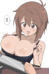  1girl ahoge breasts brown_eyes brown_hair character_request clothes_pull copyright_request fang hair_between_eyes henyaan_(oreizm) highres large_breasts messy_hair nipples short_hair simple_background stylus tablet_pc tank_top translation_request white_background 