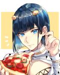  1boy animal_print bishounen blue_eyes blue_hair blunt_bangs blunt_ends bob_cut bruno_bucciarati chest_tattoo cleavage_cutout closed_mouth clothing_cutout collarbone collared_shirt commentary_request fingernails food gold_bracelet hair_ornament hand_on_own_ear holding holding_food jojo_no_kimyou_na_bouken leopard_print lips long_sleeves looking_at_viewer male_focus notice_lines pectoral_cleavage pectorals pepperoni_pizza pizza pizza_slice shirt short_hair simple_background solo tattoo tiyi_(tiyi_a09) two-tone_background upper_body vento_aureo white_background white_shirt yellow_background 