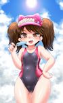  ass_visible_through_thighs black_swimsuit brown_eyes brown_hair cloud competition_swimsuit cowboy_shot day food highres kantai_collection one-piece_swimsuit popsicle qzo_(akai_kitsune) ryuujou_(kantai_collection) sky solo standing sun swimsuit thigh_gap twintails visor_cap 