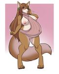  2017 anthro areola belly big_belly blush bottomless breasts brown_eyes brown_fur brown_hair canine clothed clothing digitigrade ear_piercing eyewear female fluffy fluffy_tail folf fox fur glasses hair hybrid jewelry lavenderpandy long_hair long_tail looking_at_viewer mammal necklace nipples piercing pregnant pussy solo sweater virgin_killer_sweater white_fur wolf xanderblaze 