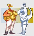anthro backless_swimsuit beak belly big_breasts big_butt breasts butt clothing deep_navel duo feathers feet female generation_2_pokemon hand_on_breast hand_on_butt hand_under_chin hi_res ho-oh huge_breasts humanoid_feet krowbutt legendary_pokemon looking_back lugia mature_female natural_breasts navel nintendo one-piece_swimsuit open-back_swimsuit overweight overweight_anthro overweight_female plantigrade pokemon pokemon_(species) pokemorph raised_heel sagging_breasts side_boob simple_background swimwear tail thick_thighs tight_clothing wide_hips