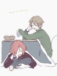  2boys blush bowl brown_hair commentary_request cup drink hair_over_one_eye hand_on_own_cheek hand_on_own_face holding holding_cup kotatsu long_sleeves lying maco22 male_focus multiple_boys on_stomach open_mouth original pillow red_hair short_hair sitting smile sweater table 