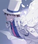  1boy ace_(playing_card) ace_of_spades blue_shirt cape card commentary_request gloves hat holding holding_card jacket kaitou_kid light_smile magic_kaito male_focus meitantei_conan monocle necktie numbered pink_necktie playing_card profile shirt solo spade_(shape) top_hat upper_body white_cape white_gloves white_hat white_jacket yoshicha 