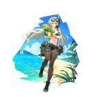 1girl aqua_sky artist_request bare_shoulders belt bikini bird blonde_hair blue_footwear boat breasts camouflage camouflage_bikini cleavage cloud collarbone cross-laced_footwear final_gear forest full_body goggles goggles_on_head green_belt green_eyes hair_between_eyes highres holding holding_water_gun knees leg_up leigh_(final_gear) medium_breasts midriff mountain multicolored_bikini multicolored_clothes nature navel official_art pantyhose running sand seagull simple_background sky smile snorkel solo super_soaker suspenders swimsuit tachi-e thigh_belt thigh_strap third-party_source torn_clothes torn_pantyhose water water_gun watercraft white_background 