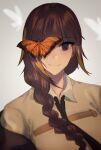  1girl black_jacket black_necktie braid brown_eyes brown_hair bug butterfly closed_mouth eyepatch girls&#039;_frontline highres jacket long_hair looking_at_viewer m16a1_(girls&#039;_frontline) mole mole_under_eye multicolored_hair necktie scar shirt simple_background smile solo xanax025 yellow_shirt 