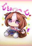 1girl ahoge animal_ears between_breasts blush_stickers breasts brown_hair character_doll doqute_stuffed_doll ear_ribbon full_body gloves hair_between_eyes hairband horse_ears horse_girl horse_tail large_breasts long_sleeves looking_at_viewer marusan_(marusant03) meisho_doto_(umamusume) multicolored_hair open_mouth pink_hairband puffy_sleeves purple_eyes ribbon short_hair skirt standing strap_between_breasts tail two-tone_hair umamusume white_gloves white_hair 