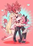  3girls :d belt black_choker black_footwear black_shirt blonde_hair blush boots bow bow_hairband ceroro choker closed_eyes demon_girl demon_horns demon_tail demon_wings detached_sleeves disgaea dress earrings english_commentary etna_(disgaea) fang fangs flonne flonne_(fallen_angel) flying_sweatdrops full_body hair_between_eyes hairband heart height_difference high_heels highres horns hug hug_from_behind hugging_another&#039;s_leg jewelry long_hair looking_at_viewer multiple_girls o-ring o-ring_choker open_mouth pink_background pink_hair pleated_skirt pointy_ears raspberyl red_eyes red_footwear red_hair red_hairband shirt short_hair skirt skull_earrings sleeveless sleeveless_shirt smile tail tail_bow tail_ornament thigh_boots twintails white_belt white_bow white_dress white_skirt wings 