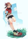  1girl ariekochan bandana bike_shorts black_footwear black_gloves blue_eyes blue_sky brown_hair closed_mouth cloud fanny_pack gloves grass highres leg_up looking_at_viewer may_(pokemon) on_grass pokemon pokemon_rse red_bandana red_footwear red_shirt shirt shoes short_sleeves shorts sky smile solo twitter_username two-tone_gloves white_gloves 