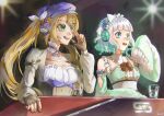  2girls 414_mei4 blonde_hair blue_eyes blue_hat breasts character_name cleavage commentary cropped_jacket cup detached_sleeves dokibird_(vtuber) english_commentary fingerless_gloves gamer_supps gloves gradient_hair green_eyes green_hair green_sleeves grey_jacket hand_up hat headset indie_virtual_youtuber jacket long_hair maid_headdress mint_fantome mixed-language_commentary multicolored_hair multiple_girls open_mouth sleeves_past_fingers sleeves_past_wrists smile spanish_commentary teeth triangular_headpiece twintails upper_body virtual_youtuber wavy_hair white_hair 