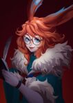  1girl absurdres animal_ears artskimaa_(maria) aurora_(league_of_legends) blue_eyes book closed_mouth coat earrings elbow_gloves freckles fur-trimmed_coat fur_trim glasses gloves hair_between_eyes highres holding holding_book holding_pen jewelry league_of_legends long_hair looking_at_viewer orange_hair pen rabbit_ears rabbit_girl red_background round_eyewear sidelocks simple_background smile solo upper_body white_gloves 