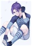  1boy blue_footwear blue_lock blue_shirt blue_socks border character_request closed_mouth expressionless foot_out_of_frame hand_in_own_hair highres long_sleeves male_focus ponytail purple_eyes purple_hair shioritaweb shirt short_hair shorts sitting socks solo twitter_username two-tone_shirt white_background white_border white_shorts 