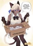  1girl :d animal_ears blue_eyes bow bowtie box brand_name_imitation breasts brown_bow brown_bowtie brown_gloves brown_pantyhose cardboard_box cat_ears cat_tail celine_(sui_(suizilla)) collared_shirt dark-skinned_female dark_skin fang feet_out_of_frame gloves highres holding holding_clothes holding_swimsuit large_breasts long_hair multicolored_hair original pantyhose shirt sitting sleeveless sleeveless_shirt smile solo speech_bubble streaked_hair sui_(suizilla) swimsuit tail unworn_bikini_bottom unworn_bikini_top white_hair white_shirt 