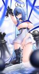  1girl absurdly_long_hair absurdres alsace_(azur_lane) armored_legwear azur_lane bare_shoulders between_breasts black_gloves black_thighhighs black_tiara blue_hair blue_nails board_game breast_strap breasts chess commentary_request covered_eyes covered_navel covering_privates dated detached_collar dress elbow_gloves eye_mask full_body gauntlets gloves hair_ornament half_updo halo halo_behind_head highres jfzm001 kneeling large_breasts long_hair mask parted_bangs parted_lips ribbon sidelocks signature single_elbow_glove single_gauntlet single_thighhigh skindentation solo strap_between_breasts thighhighs tiara underboob very_long_hair water white_dress 