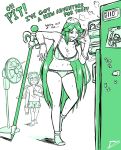  1boy 1girl bikini breasts diskette english_text full_body green_theme highres indoors kid_icarus looking_at_another monochrome palutena pit_(kid_icarus) sweat swimsuit wings 