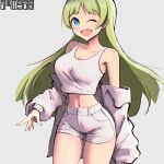  1girl ;d bare_shoulders blush breasts cleavage commentary_request crop_top dated green_hair highres idolmaster idolmaster_million_live! jacket jacket_partially_removed koitusmile large_breasts linea_alba long_hair looking_at_viewer navel one_eye_closed shimabara_elena short_shorts shorts simple_background smile solo straight_hair tank_top thighs very_long_hair white_jacket white_shorts white_tank_top 