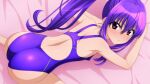  1girl absurdres all_fours ass breasts competition_swimsuit from_above highres looking_at_viewer looking_back one-piece_swimsuit original ponytail purple_eyes purple_hair purple_swimsuit small_breasts solo sugimura_tomokazu swimsuit 