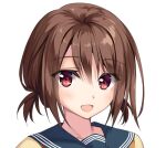  1girl :d aibeya brown_hair cropped eyes_visible_through_hair hair_between_eyes hayami_aki light_blush official_art open_mouth oryo_(oryo04) red_eyes school_uniform serafuku short_hair simple_background smile solo two_side_up white_background 