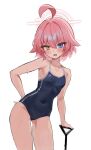  1girl ahoge blue_archive blue_eyes blue_one-piece_swimsuit breasts covered_navel hair_between_eyes halo heterochromia highres hoshino_(blue_archive) hoshino_(young)_(blue_archive) looking_at_viewer one-piece_swimsuit open_mouth pink_hair school_swimsuit short_hair simple_background small_breasts solo swimsuit white_background white_halo xanax025 yellow_eyes 