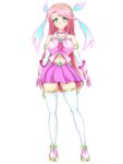  3:4 accessory aura bare_shoulders bottomwear clothing female gloves green_eyes hair handwear headband headgear headwear hi_res human human_only jewelry magical_girl_outfit magical_girl_rika_and_the_monster_dungeon mammal morumotto2234 navel not_furry pink_clothing pink_hair rika(magical_girl_rika_and_the_monster_dungeon) simple_background skirt smile solo 