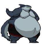  2024 anthro belly belly_overhang big_belly bottomwear clothing comerboy75 fish grey_body grin hi_res male marine moobs navel nipples obese obese_anthro obese_male overweight overweight_anthro overweight_male shark simple_background smile solo standing tail teeth 