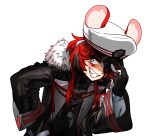  1girl adjusting_clothes adjusting_headwear animal_ears black_coat breasts cleavage coat commentary ddolbang ears_through_headwear english_commentary fur-trimmed_coat fur_trim grin hakos_baelz hakos_baelz_(4th_costume) hand_on_own_hip hat highres hololive hololive_english looking_at_viewer mouse_ears multicolored_hair official_alternate_costume overcoat peaked_cap red_hair see-through see-through_cleavage simple_background smile solo streaked_hair transparent_background virtual_youtuber white_hair white_hat 