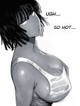  1girl absurdres artist_name bare_shoulders breasts cleavage commentary covered_nipples from_side fubuki_(one-punch_man) greyscale highres large_breasts looking_at_viewer monochrome mostlybluewyatt one-punch_man parted_lips shiny_skin short_hair signature simple_background sleeveless sweat sweatdrop upper_body white_background 