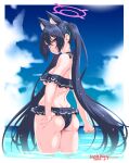  1girl absurdres animal_ear_fluff animal_ears ass back bare_shoulders bikini bikini_skirt black_bikini black_hair blue_archive blue_sky blush breasts cat_ears cloud cloudy_sky day extra_ears frilled_bikini frills from_behind halo highres horizon long_hair looking_at_viewer looking_back ocean off-shoulder_bikini off_shoulder official_alternate_costume open_mouth outdoors partially_submerged pink_halo red_eyes serika_(blue_archive) serika_(swimsuit)_(blue_archive) sideboob sky solo standing swimsuit twintails umyonge_(lkakeu) wading water wet wet_hair 