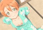 10s 1girl arm_support breasts cleavage downblouse extended_downblouse floral_print from_above green_eyes hoshizora_rin looking_at_viewer love_live! love_live!_school_idol_project open_clothes orange_hair short_hair small_breasts smile solo uniphon 