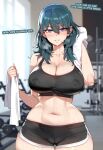  1girl ai-generated artstyle_imitation blue_eyes blue_hair breasts byleth_(female)_(fire_emblem) byleth_(fire_emblem) dolphin_shorts fire_emblem fire_emblem:_three_houses floox_(artist) gym highres huge_breasts large_breasts long_hair naughty_face non-web_source short_shorts shorts sports_bra sportswear stable_diffusion sweat thiccwithaq_(ai_style) 