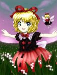  1girl :d back_bow black_shirt blonde_hair blue_eyes bow bow_choker choker field flower flower_field hair_ribbon lily_of_the_valley lowres medicine_melancholy medinki nameless_hill official_style open_mouth outdoors outstretched_arms puffy_short_sleeves puffy_sleeves red_bow red_choker red_ribbon red_skirt ribbon shirt short_hair short_sleeves skirt smile spread_arms su-san teeth touhou upper_teeth_only white_bow white_flower zun_(style) 
