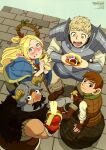  1girl 3boys banana chilchuck_tims coin dungeon_meshi eating food from_above fruit highres holding holding_coin holding_food laios_touden looking_at_viewer looking_up marcille_donato multiple_boys official_art platform senshi_(dungeon_meshi) takeda_naoki third-party_source two-handed 
