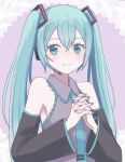  1girl blue_eyes blue_hair collared_shirt commentary detached_sleeves hair_ornament hatsune_miku headphones headset highres long_sleeves mn_(pumpki2) nail_polish necktie own_hands_clasped own_hands_together shirt sleeveless sleeveless_shirt smile solo twintails upper_body vocaloid 