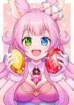  1girl :d absurdres animal_ears blue_eyes blush breasts chest_jewel cleavage collar commentary detached_collar fur-trimmed_gloves fur_trim gem gloves green_eyes hair_flaps heterochromia highres holding holding_gem kururu_(princess_connect!) leotard long_hair looking_at_viewer medium_breasts open_mouth pink_background pink_hair pink_leotard princess_connect! red_gemstone runa_(runa7733) smile solo twitter_username white_collar white_gloves yellow_gemstone 