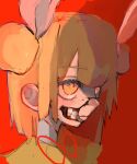  1girl blonde_hair closed_mouth commentary_request cracked_skin cropped_shoulders disfigured double_bun exposed_muscle from_side guro hair_bun hair_ribbon haniwa_kue injury joutouguu_mayumi looking_ahead medium_hair portrait red_background ribbon solo teeth touhou white_ribbon yellow_eyes 